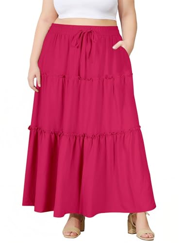 Image of Moon Wood Plus Size Maxi Skirts for Women Trendy Long Flowy Boho Tiered Skirt Renaissance Summer Beach Skirt with Pockets