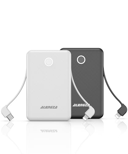 Alongza 6000mAh Small Portable Phone Charger with Built in Cable Lightweight Power Bank USB C Fast Charging External Battery Pack Slim Backup Charger Compatible with Phones, Android