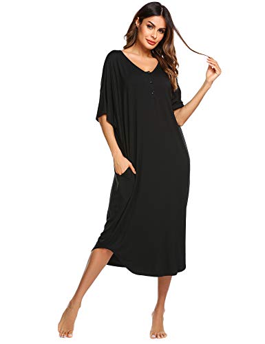 Ekouaer Nightgowns for Women Button-down Sleepwear Short Sleeve Nightshirt Plus Size Night Wear S-XXL