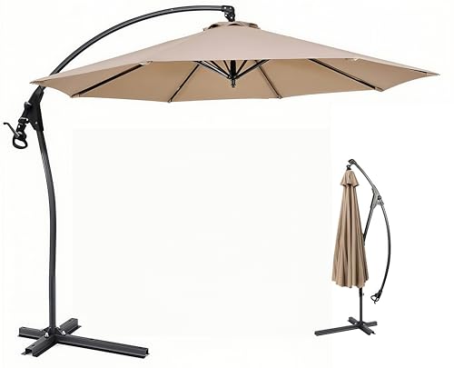 TUIYIDUO パラソル ガーデンパラソル `直径300cm 大型 ビーチパラソル アルミ 吊り下げ式 日傘 クランク開閉 角度調整可能 傘カバーと十字架ベース付き 風に強い UVカット 撥水 庭、公園、ビーチ、テラス、カフェ、屋外イベントに最適 日本語説明書付き(カーキ)