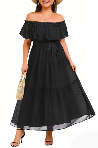 Image of Plus Size Chiffon Off The Shoulder Maxi Long Floral Summer Casual Beach Boho Sundress Women 2024