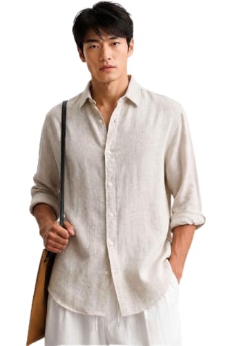 Image of Natural Men's Linen Blend Shirt Slim Fit Solid Casual