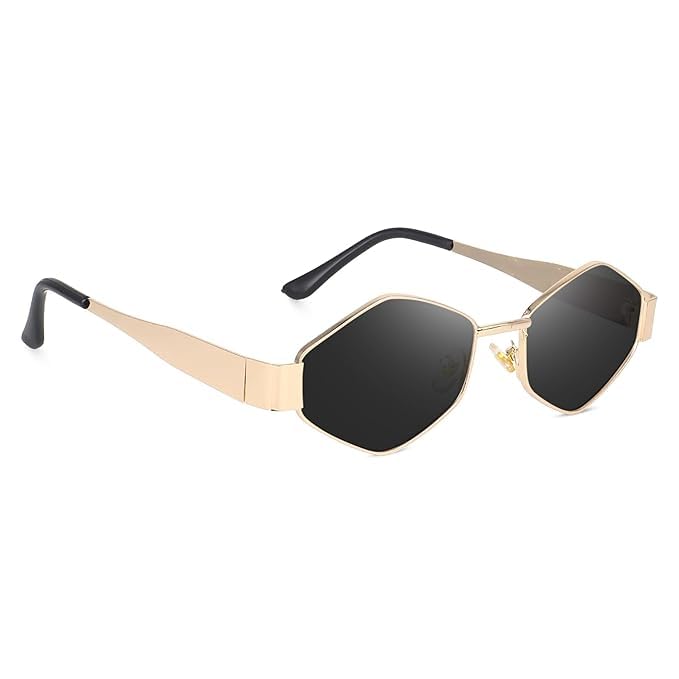 Diamond-Shaped Small Octagonal Polarized Sunglasses for Women Men Classic Retro Metal Frame Polygon Sun Glasses UV400 Protection (GOLD - BLACK, M)-picture-41
