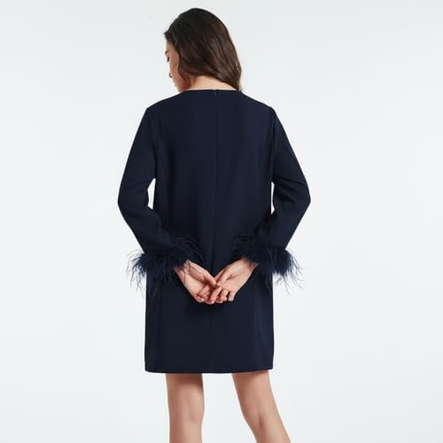 Image of D-Sun Women Feather Dress 3 /4 Feather Sleeves Mini Dress | Round Neck,Elegant Party Dress, Wedding Guest Cocktail Dresses with Pocket