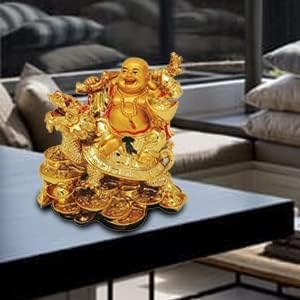 Sunrise Fengshui Laughing Buddha Sitting On Back of Dragon Headed Tortoise with Ingot in Hand for Good Luck and Success Home Showpiece Decor(Golden)