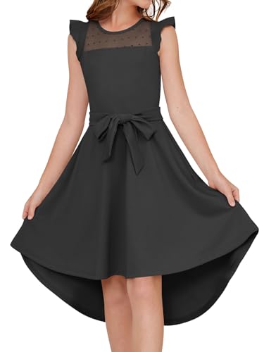 Girls Dresses Summer Ruffle Sleeve Mesh A Line Casual Party Dresses Belted Dress with Pockets 5-14 Years