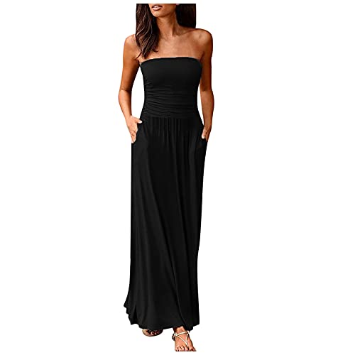 QSSS Bandeau Maxikleid Draped Sommerkleider mit Taschen beiläufige Lang...