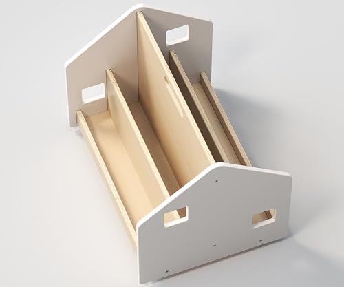 BusyKids Montessori Wooden 4 Tier Double-Sided Kids Mobile Wheels Bookshelf Toddler Children Book Shelf Portable Movable Storage Bookcase Rack Open Organizer Multifunctional Display Holder (White)