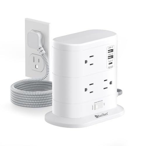10 in 1 Surge Protector Power Strip Tower, 5Ft Flat Plug Extension Cord with 7 Outlets 3 USB Ports (1 USB C), 17W Desk Power Strips with Surge Protection for Home Office Supplies Dorm Room Essentials