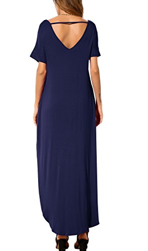 GRECERELLE Women's Casual Loose Pocket Long Dress Short Sleeve Split Maxi Dress Navy Blue Medium