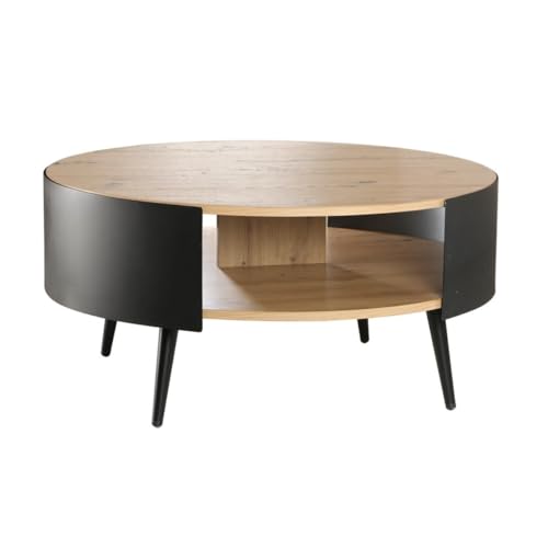 Calicosy Table Basse Ronde 2 Niveaux Flancs Métal Noir - Fabriqué à Partir de Panneaux de Particules - Couleur Chêne Artisan - pour Salon, Salle à Manger - L80 x...