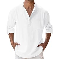 Camicia Lino Uomo, Camicie Manica Lunga Camicie Sportiva Slim Fit Elegante Shirt Estive Tinta Unita Casual Collo Coreana Spiaggi Shirts con Taschino M-4XL
