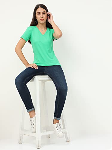 Image of FLEXIMAA Women's Cotton Plain V Neck Half Sleeve T-Shirt