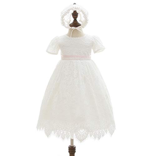 Slowera Baby Girls White Lace Dress Christening Baptism Gowns and Bonnet (Style3, 6-12 Months) - Thumbnail 3