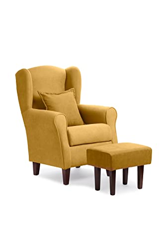 Sillonea - Sillón Orejero Roma con Puff/reposapies, butaca pequeña para salón, Ideal para Ver la TV/Leer. Medida: 100x74x77cm. Tapizado con Tela Antimanchas. (Mostaza, Lacado Blanco)