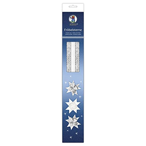 Ursus 34930000F - Papierstreifen für Fröbel-Sterne, silber/weiß, aus hochwertigem Bastel-Papier, 80 Faltstreifen in 2 verschiedenen Designs für 20 Papier-Sterne, inkl. Falt-Anleitung
