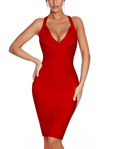Mini robe bandage dos nu et col en V pour femme, A - Rouge, Taille S