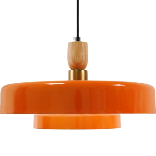 Image of Retro Orange Disc Pendant Light, Mid Century Modern Adjustable Hanging Lighting, 70s Style Hanging Lamp with Wood Accent for Living Room Kitchen Island