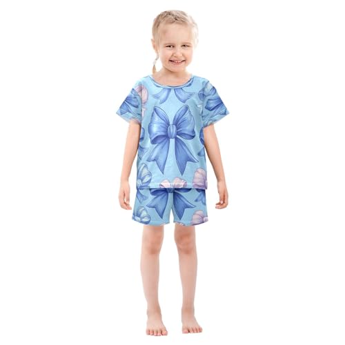 Pajama Sets Short Sleeve Blue and Pink Bows Soft Cotton Summer Sleepwear 2 Piece PJS Size 5-14T4