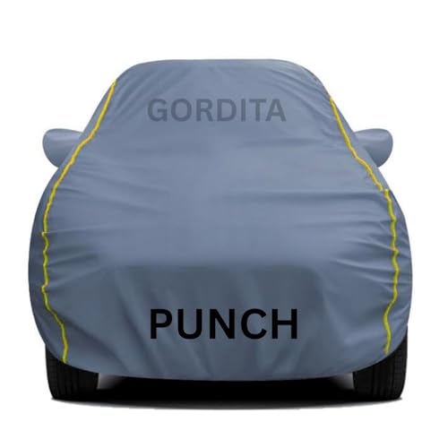 Image of Waterproof Car Body Cover for Punch All Weather Protection Comes with Inner Cotton Lining & Triple Stitched with Mirror & Antenna Pocket Belt & Elastic Fit Grey with Yellow Piping2