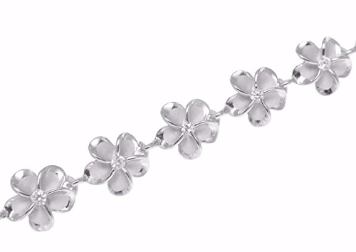 Arthur's Jewelry 925 Sterling silver rhodium plated Hawaiian 10mm cz plumeria flower bracelet 7"3