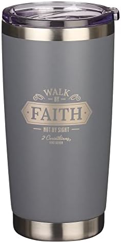 Christian Art Gifts Stainless Steel Double Wall Vacuum Insulated Tumbler Travel Mug for Men & Women: Walk by Faith - 2 Cor. 5:7 Bible Verse, Non-toxic, BPA-free, Clean Hot/Cold Drinkware, Gray, 18 oz.