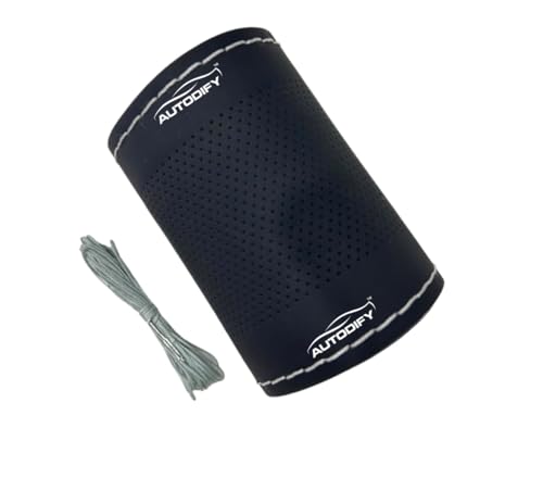 Image of Black with White Stitch Leather Steering Wheel Cover Universal Fit Anti Slip Breathable Comfortable Grip Durable & Stylish for Cars Easy Install Long Lasting ProtectionNon SlipDesign.