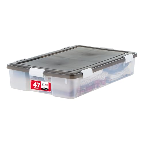 Image of IRIS USA WeatherPro Underbed 47 Qt Storage Bins with Lids, 1 Pack, BPA-Free Plastic Gasket Box with Tight Latch and Seal, Stackable Nestable Underbed Tote Tub - Gray /Clear