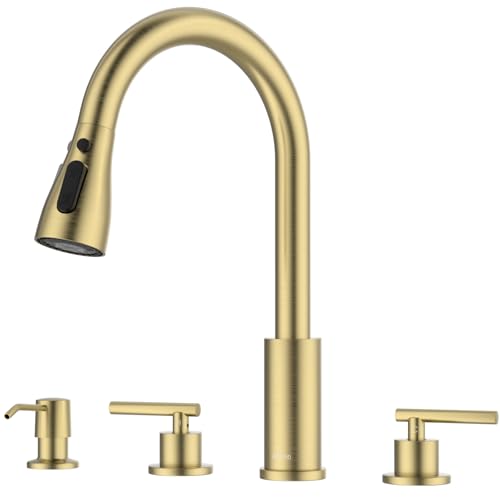 APPASO 4 Hole Kitchen Faucet, Gold Two Handle Kitchen Faucets with Sprayer, Modern High Arc 3 Hole Kitchen Faucet with Pull Down Sprayer,3 Modes Stainless Steel Kitchen Sink Faucet