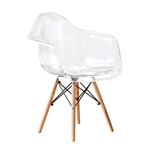 Canglong Clear Plastic Armchair Natural Wood Legs Lounge Arm Chair With For Kitchen, Dining, Living, Guest, Bed Room, Transparent 4 Color, Set Of 1 #TOP14