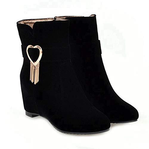 VOKLIN Women's Pointed Toe Wedge Dress Ankle Boots Metallic Suede Zipper Chunky Hidden Heels Short Booties2