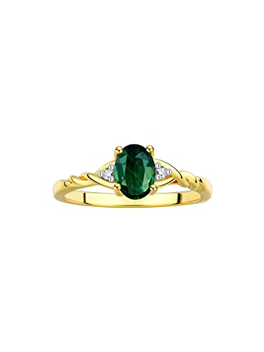 14K Yellow Gold Classic Style Ring | 7X5MM Oval Gemstone & Diamonds | Green-sapphire September Birthstone | Diamond Rings for Women | Size 9