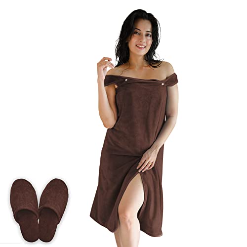 Image of Sassoon Venir Microfiber Bath Wrap Towel with Slippers for Women (Pack of 1) - Cocoa Color