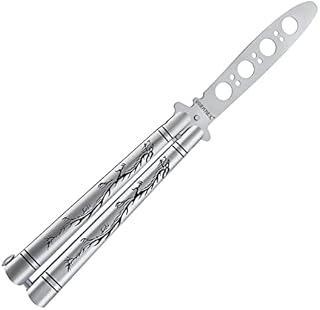 VORNNEX Practice Butterfly knife Trainer with Sure Spring Latch, Full Stainless Steel Black Dragon Dull Balisong Trainer, Unsharpened Butterfly knives Trainer Comb for CSGO Training(Silver)
