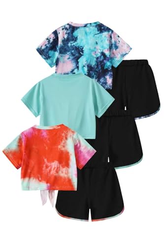 Image of Girls 6 Pieces Summer Outfits Casual Short Sleeve Tee Tops and Dolphin Shorts Set 4-12Y