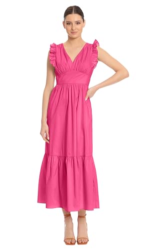 Image of Maggy London Women's V-Neck Ruffle Details Cotton Poplin Maxi Dress