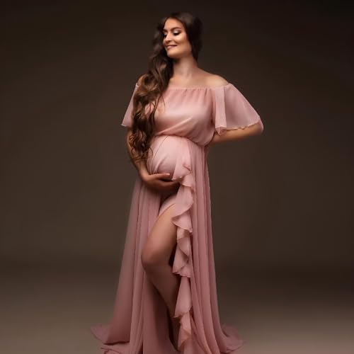 Off Shoulder Maternity Dress for Photoshoot Ruffle Slit Baby Shower Dresses Chiffon Photography Gowns4