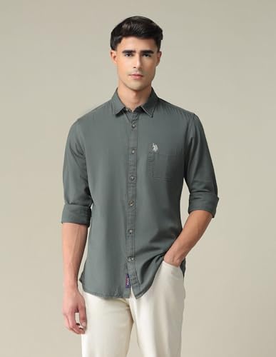 Image of U.S. POLO ASSN. Solid Slim Fit Shirts for Men - 100% Cotton, Full Sleeve Mens Casual Shirts