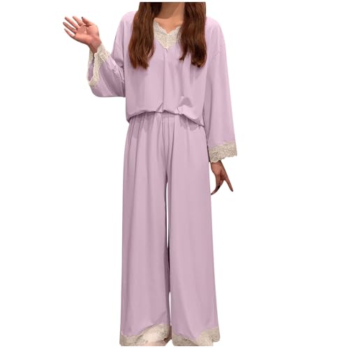 Pajama Sets for Women Solid Long Sleeve Lace V Neck Tops Loose Pants Pajamas Casual Fashion Comfort Home Sleepwear Purple