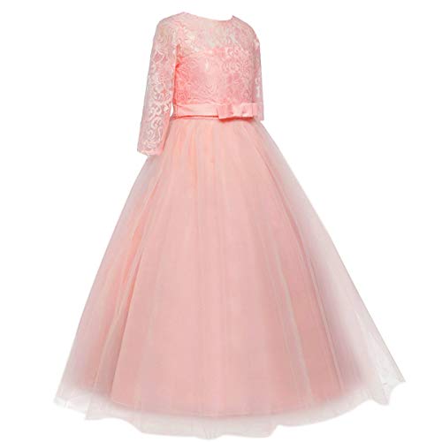 REXREII Flower Girls 3/4 Sleeves Lace Tulle Dresses Jr. Bridesmaid Wedding Party Birthday Pageant Communion Dance Ball Gown4