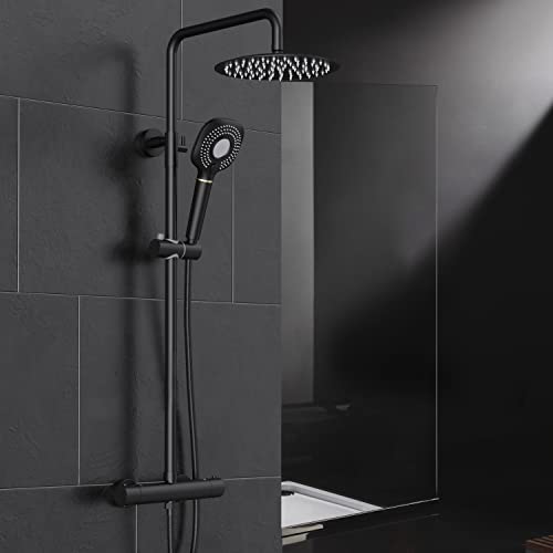 Rainsworth Thermostatique Douche, Colonne de Douche Réglable en Hauteur, Filtrant Douchette et 10 pouce Pomme de Douche, Ensemble de Douche Noir