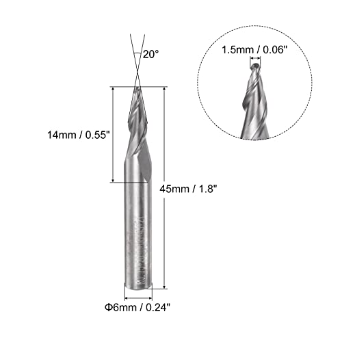 Image of uxcell Tapered Ball Nose End Mill, Uncoated Solid Carbide 2 Flute Spiral Milling Cutter, 0.75mm Radius, 1.5mm Diameter, 6mm Shank, 45mm Length, 20 Degree Angle