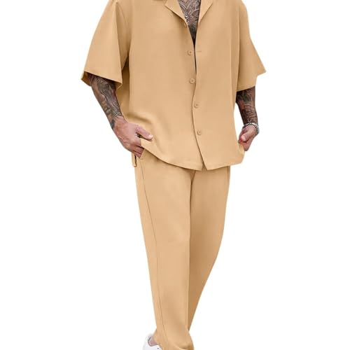 Men's Solid Color Suit Waffle Lapel Short-sleeved Zipper Long Pants Set，Casual Two-Piece with Pockets