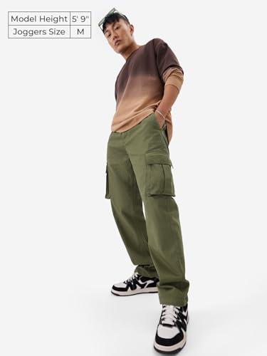 Image of The Souled Store Solids: Moss Green Men and Boys Straight Fit Cotton Blend Cargo Pants