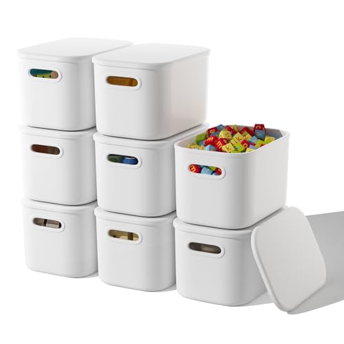 ORGIDOL 8 Pack White Storage Bins with Lids Stackable Storage Container for Organizing, Storage Boxes with Handle for Shelves, Cube Storage Bin for Craft, Snacks, 9.85x6.9x5.7 inch