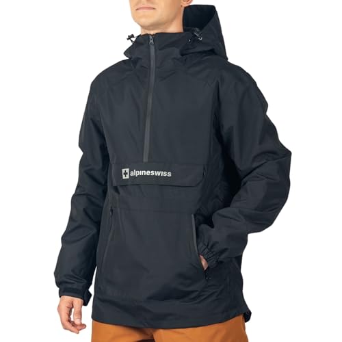 Alpine Swiss Mens Snowboard Jacket 10K Waterproof Hooded Ski Shell Anorak Windproof Pullover Winter Sport Coat BLK MED