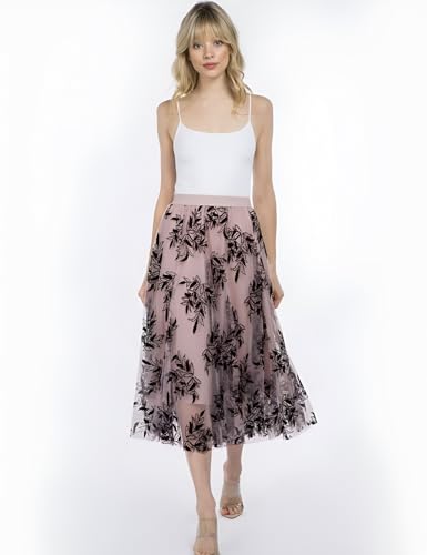 Flygo Women's Midi Long Tulle Skirts Dressy Casual Elegant A-Line Elastic Waist Foliage Embroidery Mesh Skirt3