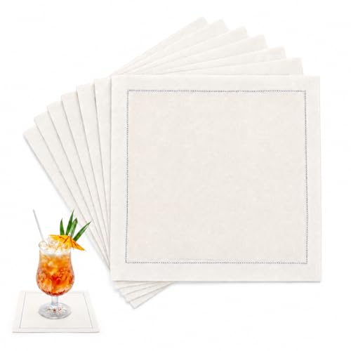 8PCS Linen Cocktail Napkins 6x6 Inch Reusable Natural Linen Cloth Fabric Serviettes Napkins Hemstitch Edge Serviettes for Wedding Birthday Party Home Bar Beverage Supplies