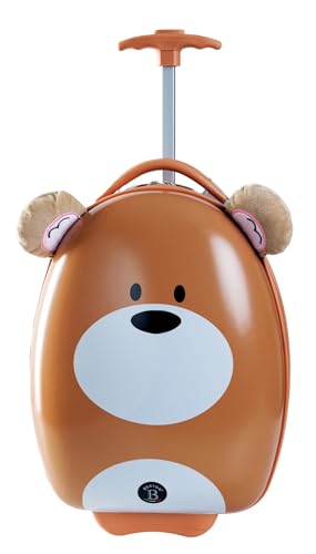 BERTOO Valigia da viaggio per bambini Orso 25L, design simpatico a forma di orso con orecchie di peluche, bagaglio rigido leggero in ABS+PC, marrone