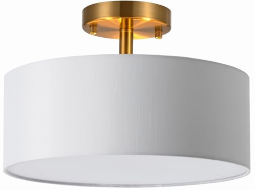 Nut Lighting 15 Inch Drum Light, Semi-Flush Mount Ceiling Light Fixture White Fabric Drum Shade and Gold Plating Finish,Ceiling lamp for Bedroom, Dining Room, Corridor, Living Room - image 2